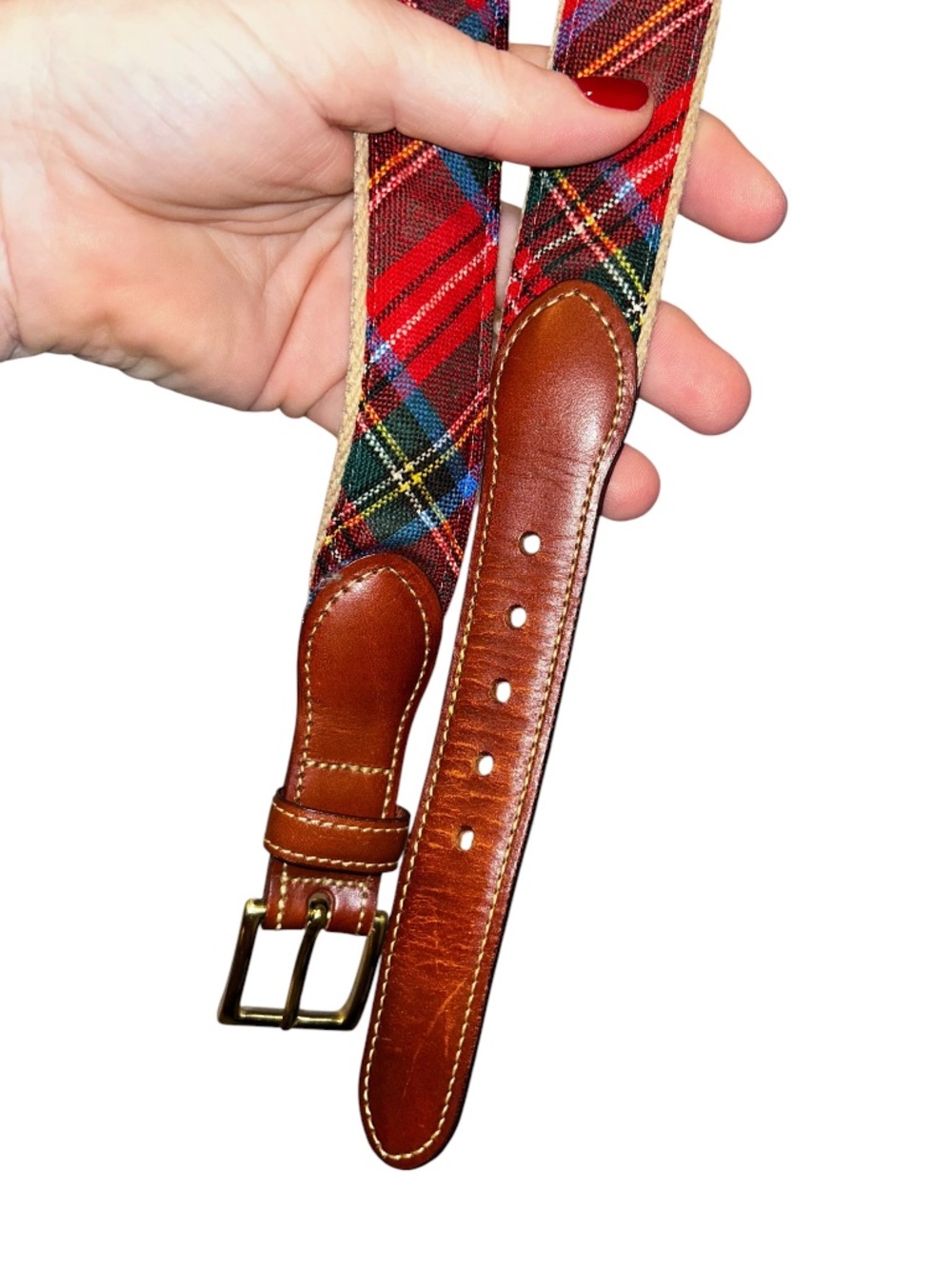 Red Stewart Plaid silk grosgrain leather belt 34 FALL HOLIDAY